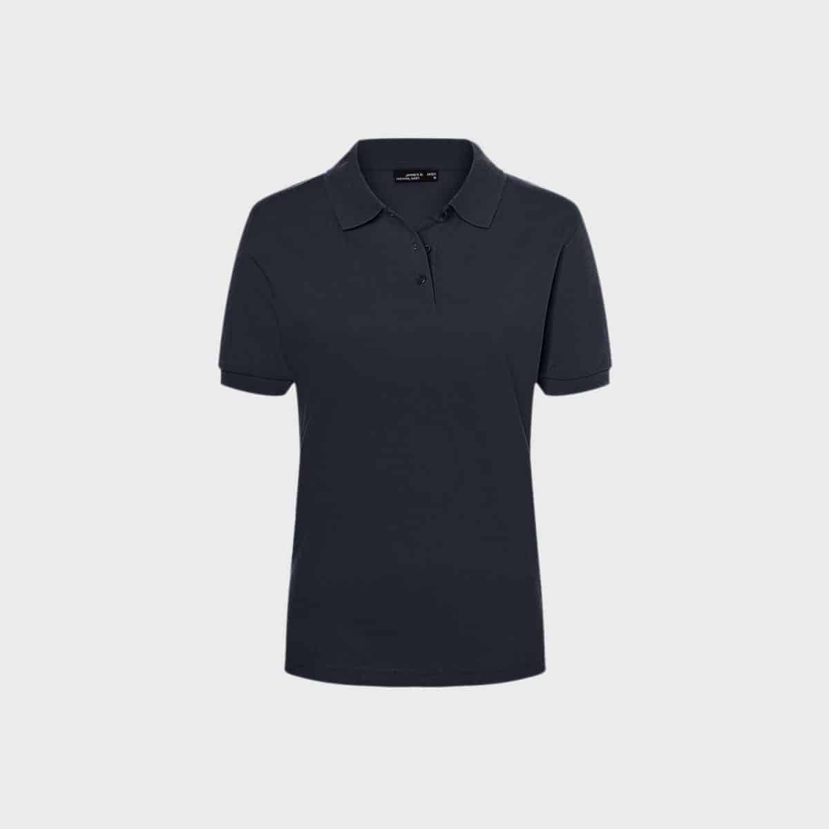 Auf hellgrauem Hintergrund ist ein Damen Classic Polo in schlichtem Schwarz mit kurzen Ärmeln abgebildet. Das klassische Hemd verfügt über einen Kragen und eine Drei-Knopf-Leiste.