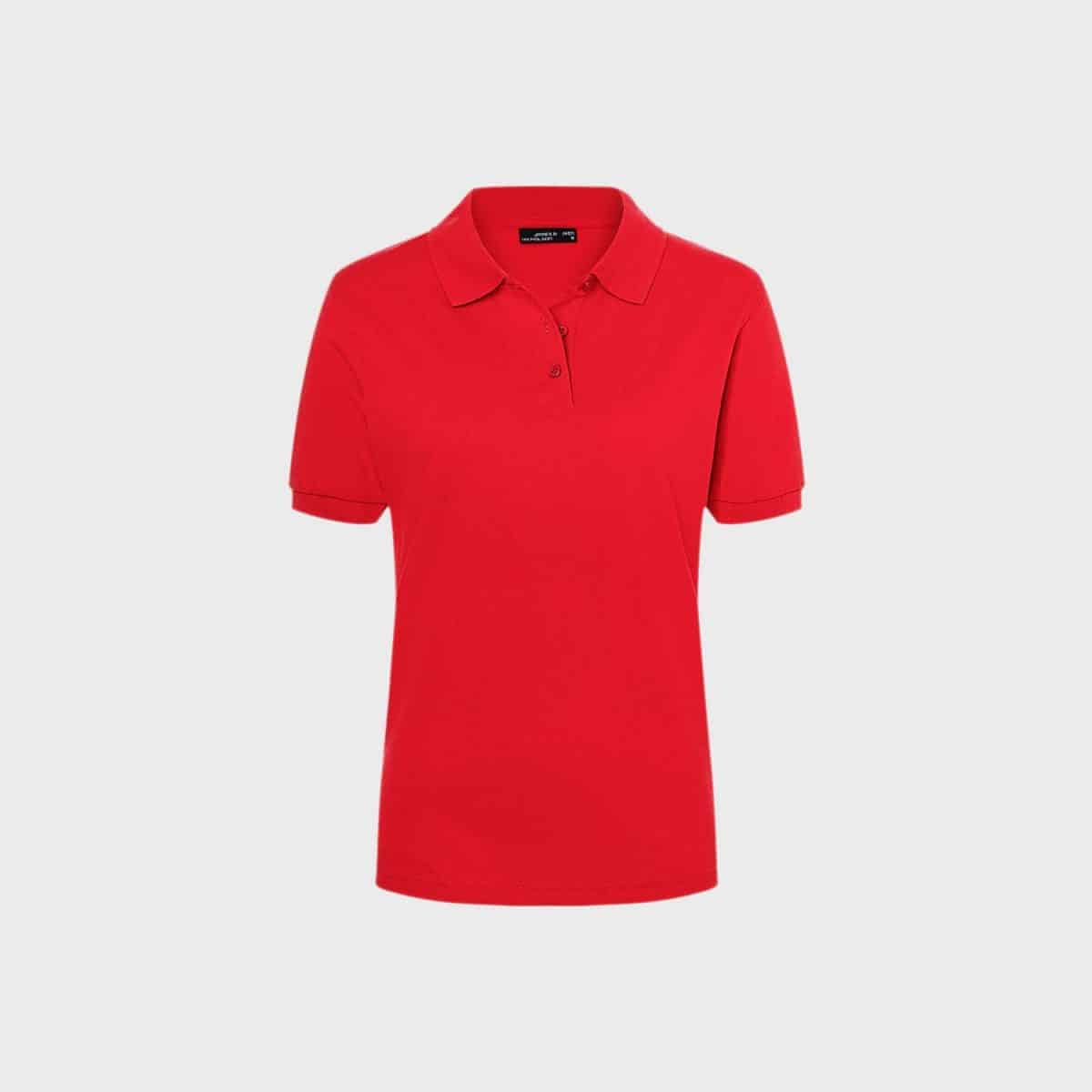 A classic polo shirt for women in bright red with short sleeves, collar and three buttons. The classic fabric has a smooth texture and is slightly stretchy. The shirt is pictured from the front on a plain gray background.