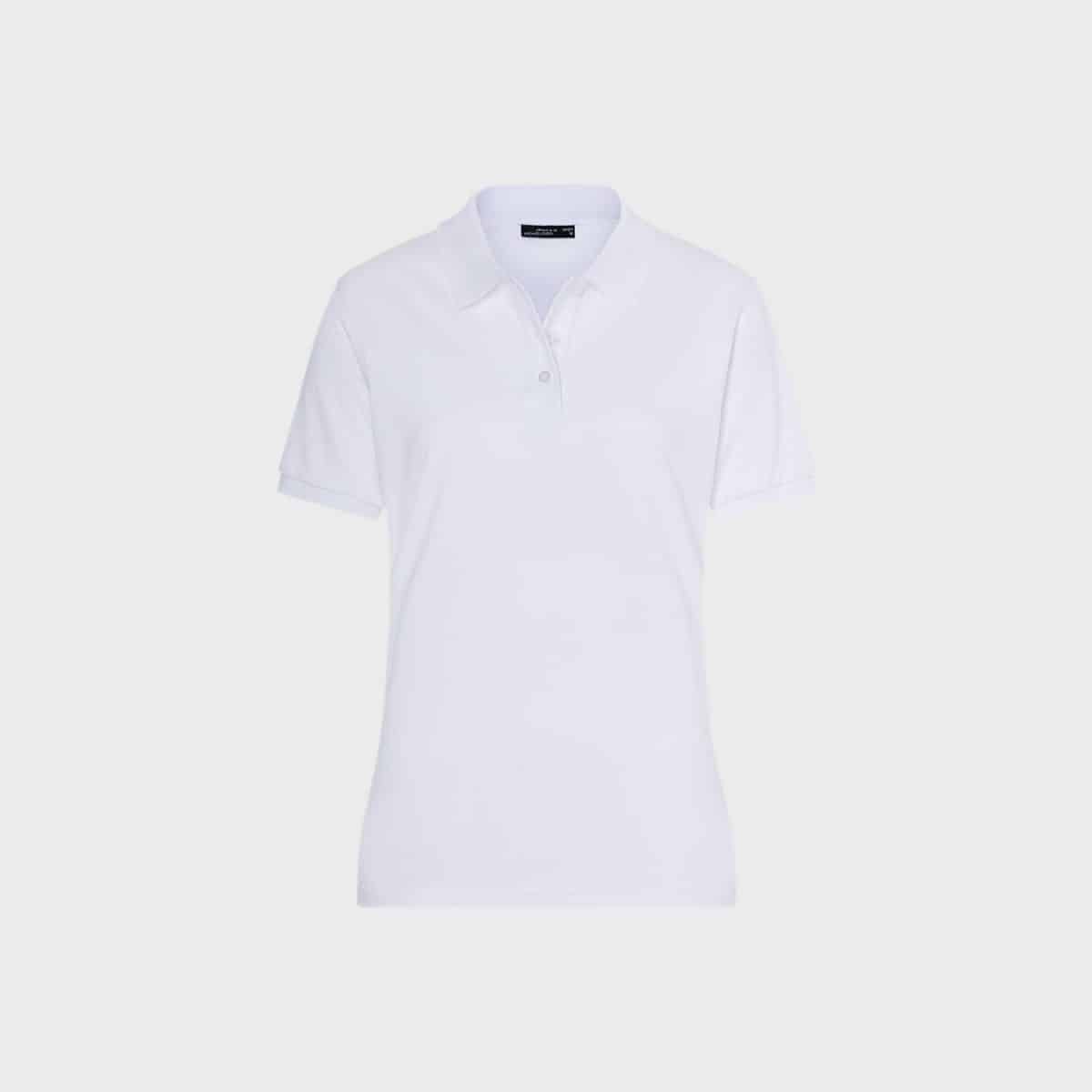 The women's classic polo in white has a timeless collar and a three-button placket and radiates elegance and simplicity against a light gray background.