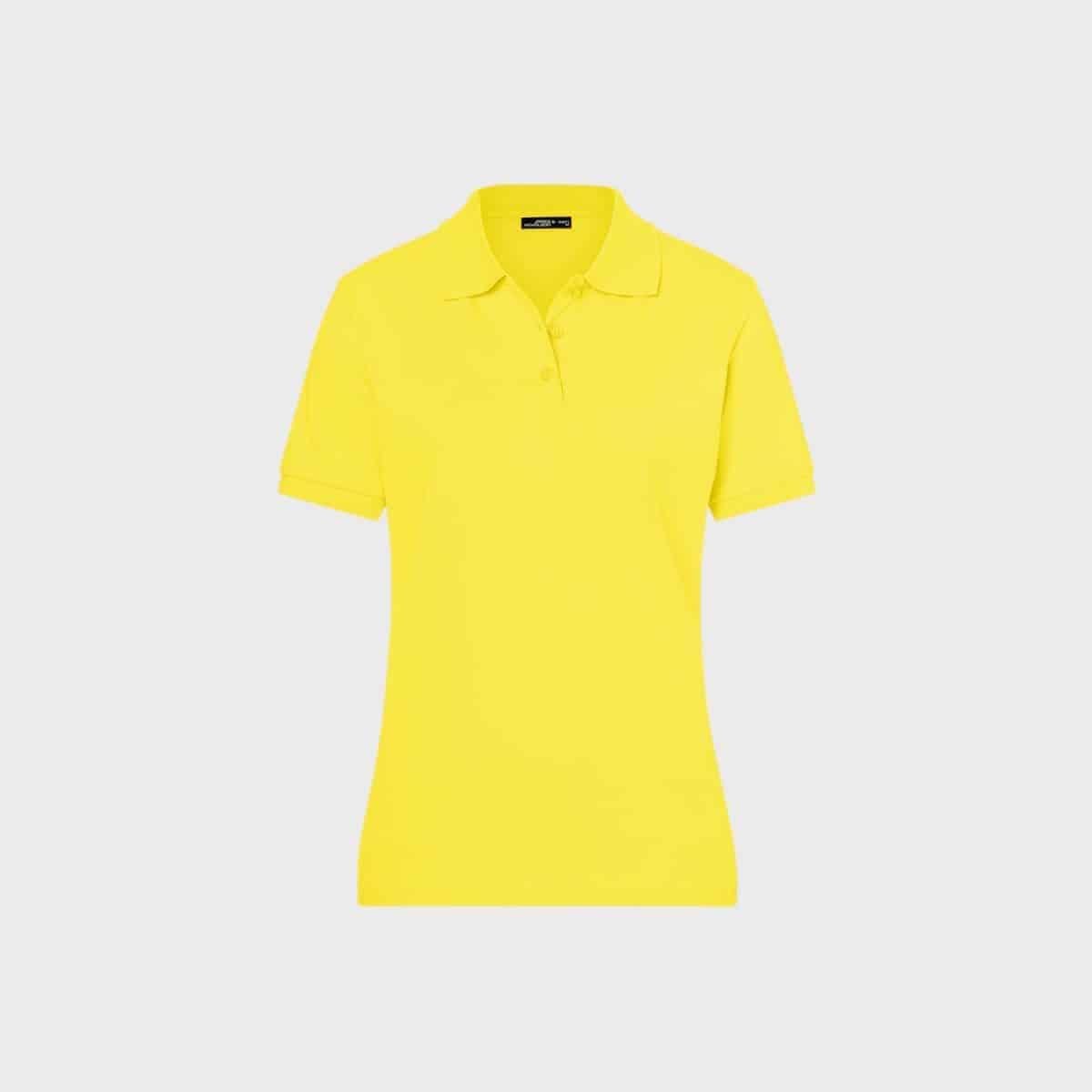 A simple, bright yellow ladies' classic polo on a white background. The classic shirt has a collar, short sleeves and a button placket on the front.