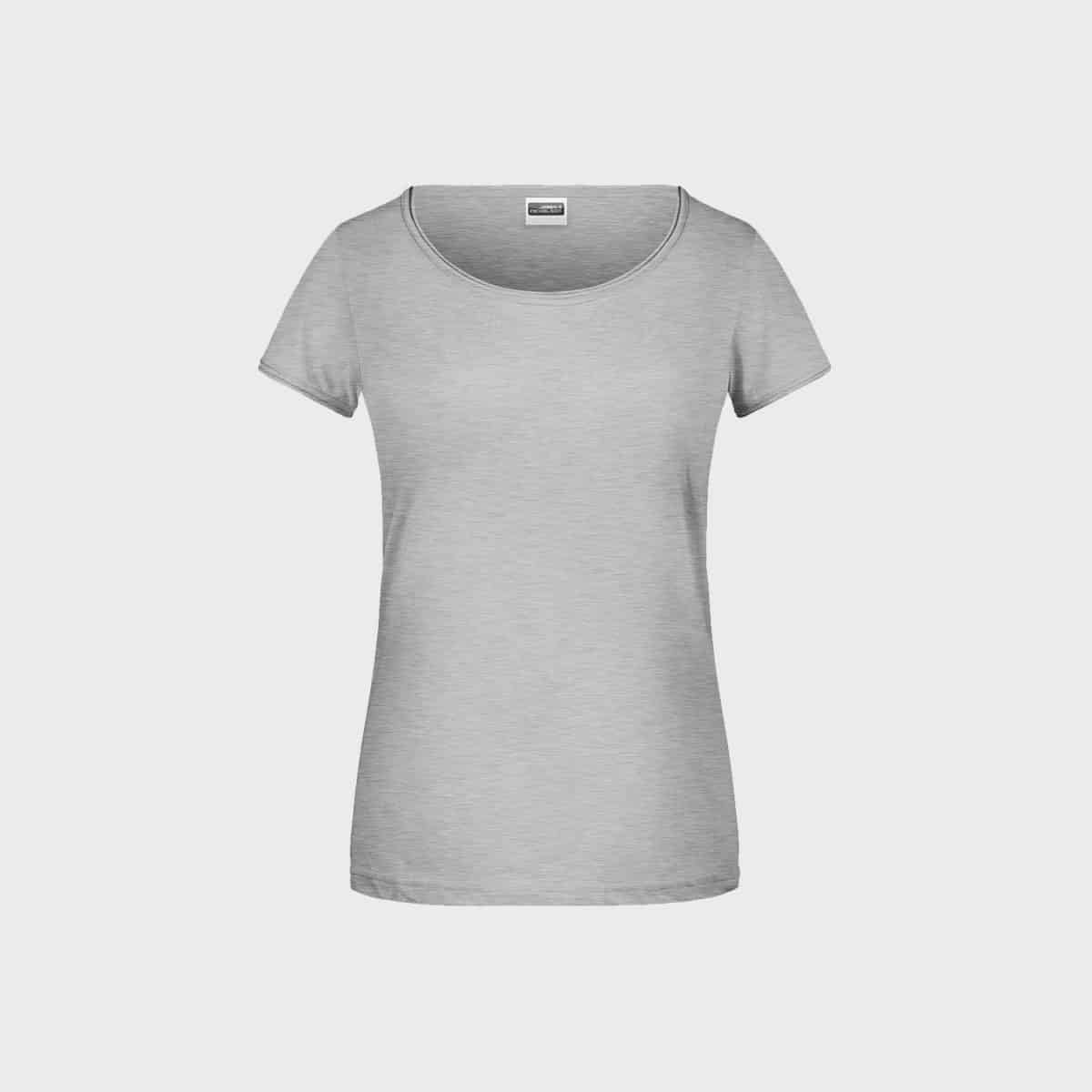 Ein schlichtes, hellgraues Damen-T-Shirt aus Bio-Baumwolle mit kurzen Ärmeln und rundem Ausschnitt steht auf weißem Hintergrund. Dieses T-Shirt zeichnet sich durch ein schlichtes, tailliertes Design ohne sichtbare Logos oder Muster aus.