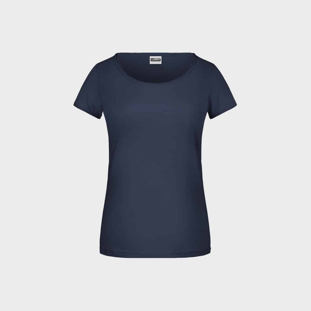 Ein Damen-T-Shirt aus Bio-Baumwolle in schlichtem Marineblau ist auf weißem Hintergrund abgebildet. Das kurzärmlige T-Shirt hat einen runden Ausschnitt und eine lockere Passform, was sein schlichtes und lässiges Design unterstreicht.