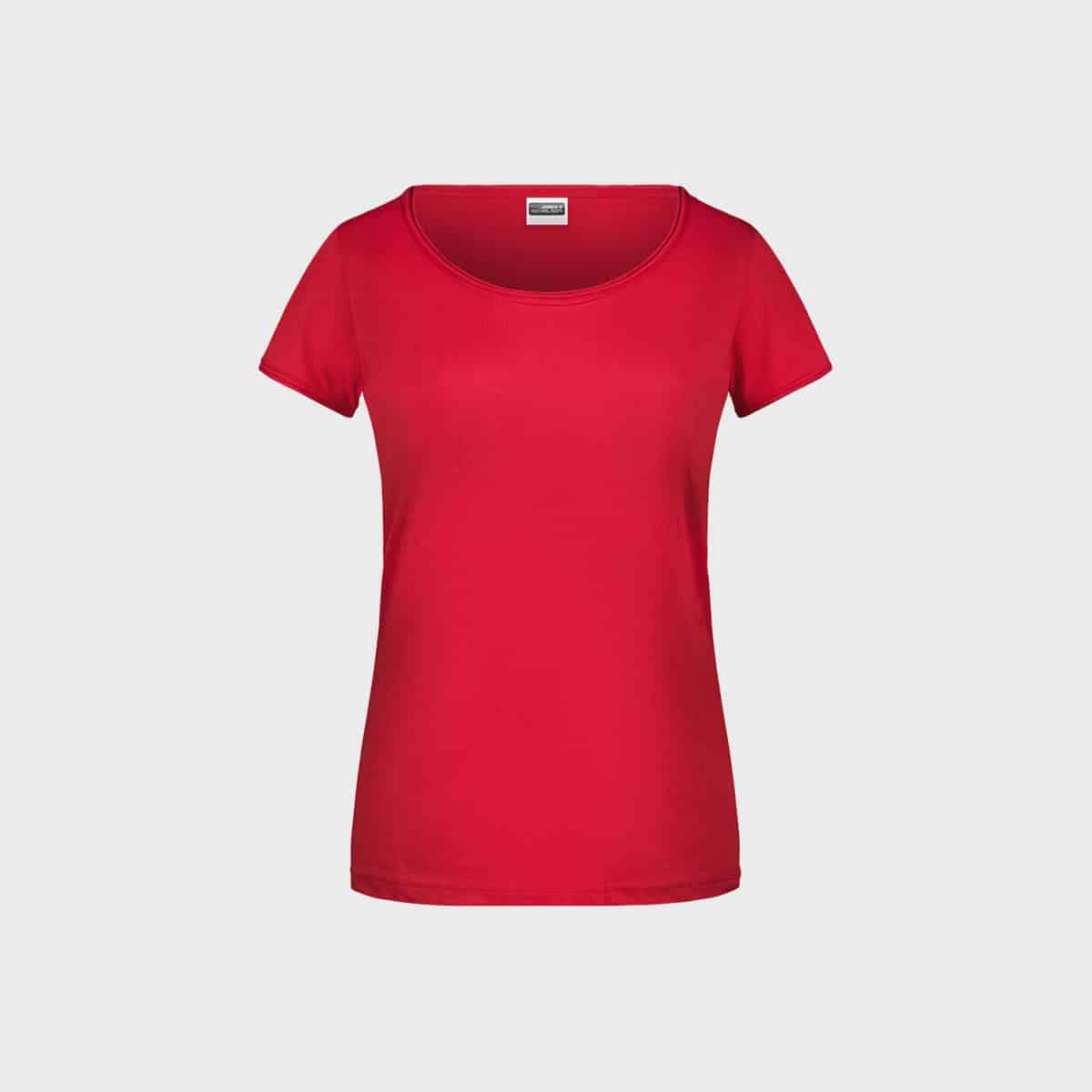 A plain red, short-sleeved women's T-shirt made from organic cotton with a round neckline is centered against a light grey background. The shirt is characterized by a simple, fitted design with no visible logos or patterns.