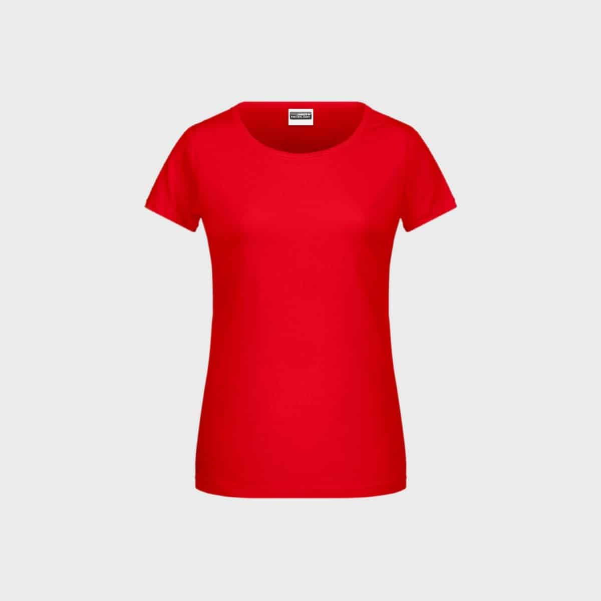 A simple red women's basic T in organic cotton with short sleeves and a classic round neckline, on a plain light gray background.