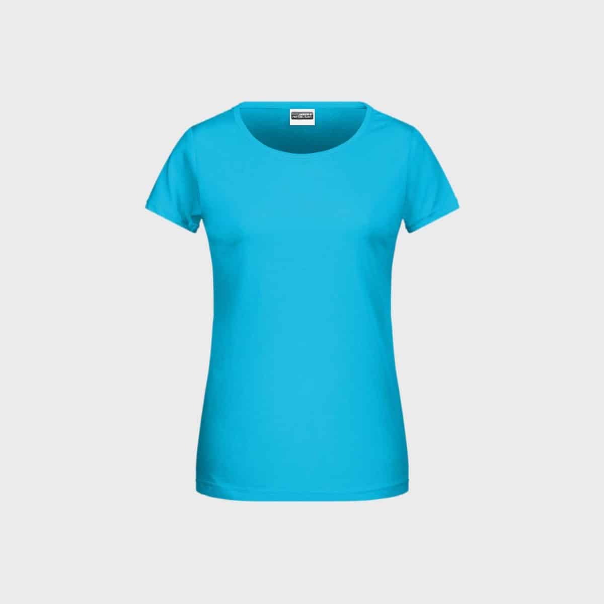 Ein schlichtes, leuchtend blaues Damen Basic-T aus Bio-Baumwolle mit kurzen Ärmeln und rundem Ausschnitt, abgebildet auf weißem Hintergrund. Dieses T-Shirt ist schlicht im Design ohne Muster oder Logos und aus weicher Bio-Baumwolle gefertigt.
