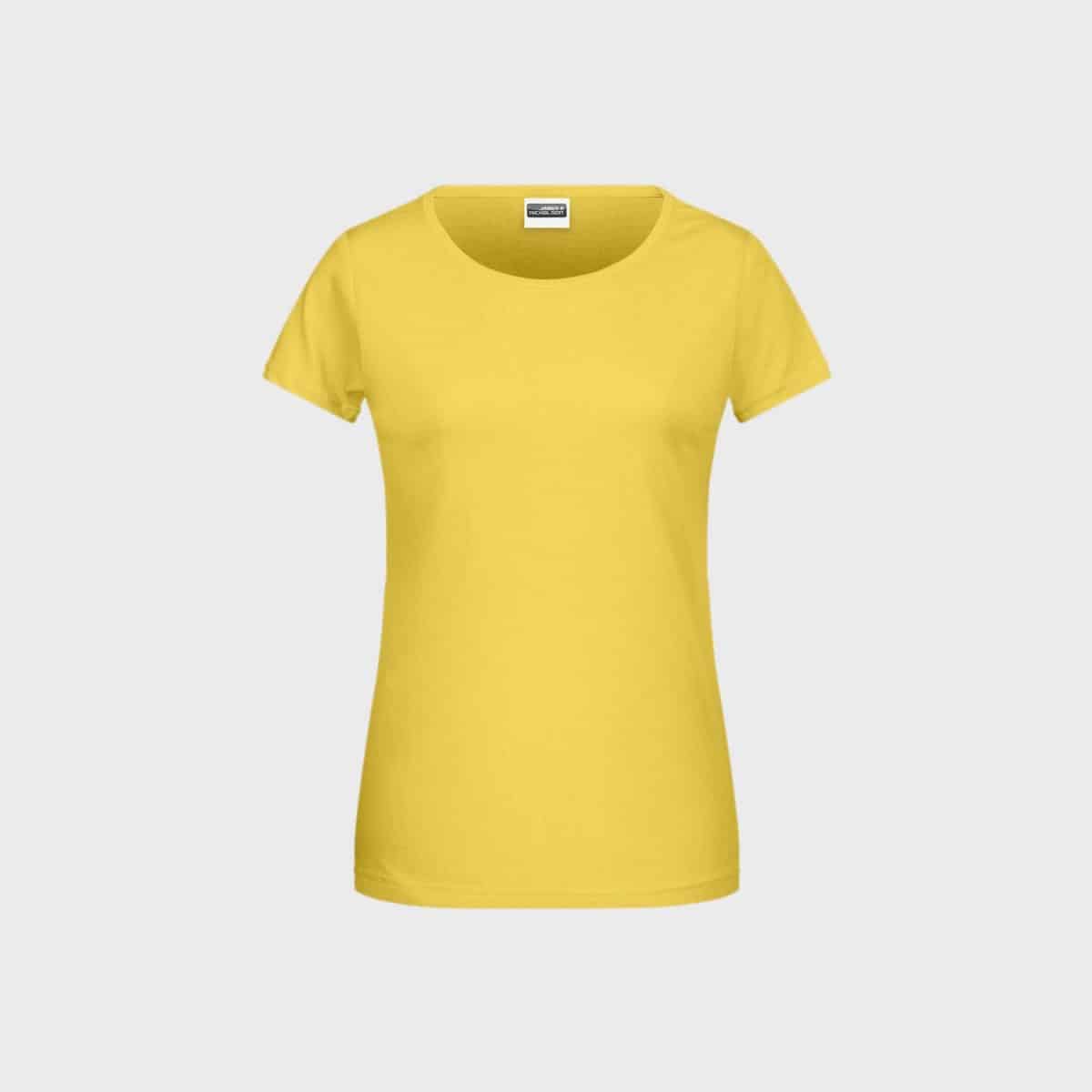 Auf weißem Untergrund ist ein unifarbenes gelbes Damen Basic-T aus Bio-Baumwolle abgebildet. Das Shirt hat kurze Ärmel und einen runden Halsausschnitt.