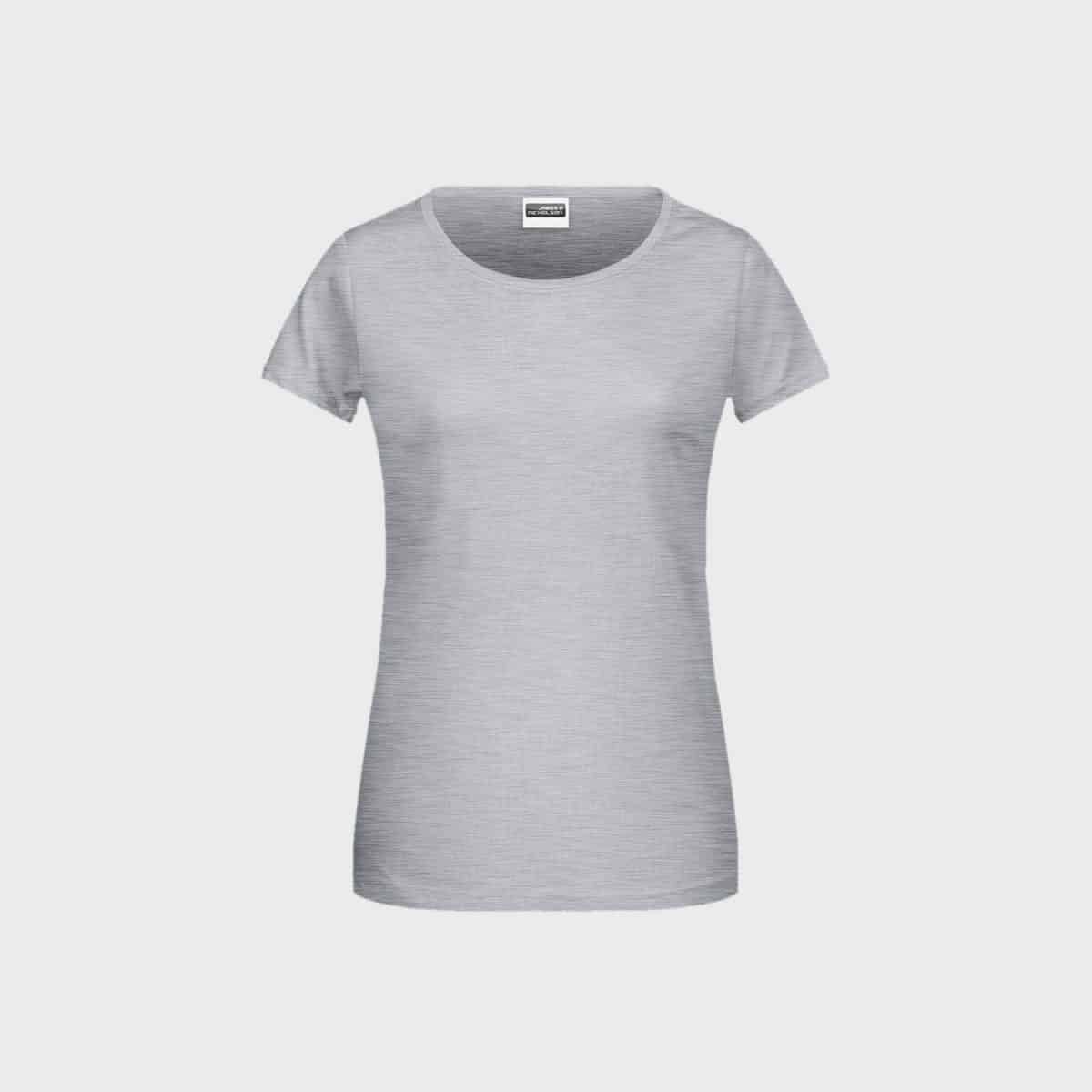 Auf weißem Hintergrund ist ein Damen Basic-T aus Bio-Baumwolle in unifarbenem Hellgrau abgebildet. Das kurzärmlige T-Shirt hat einen runden Ausschnitt und eine taillierte Silhouette.