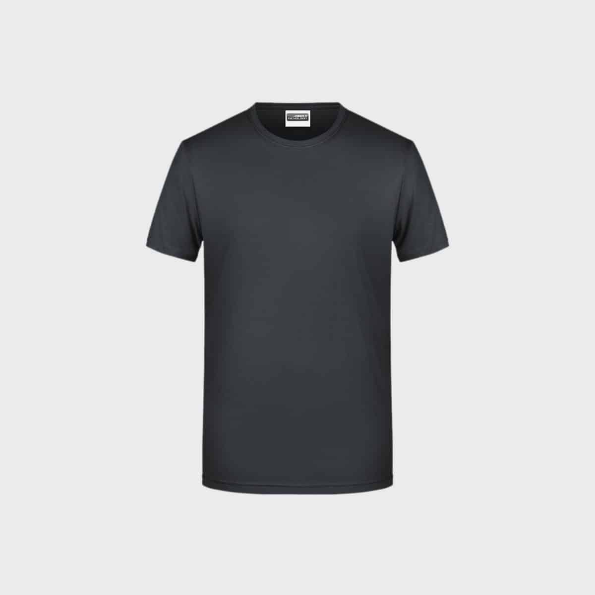 Auf weißem Hintergrund ist ein schlichtes schwarzes Rundhals-T-Shirt aus Bio-Baumwolle abgebildet. Das Herren Basic-T aus Bio-Baumwolle hat kurze Ärmel und ein schlichtes, klassisches Design ohne sichtbare Logos, Grafiken oder Muster.