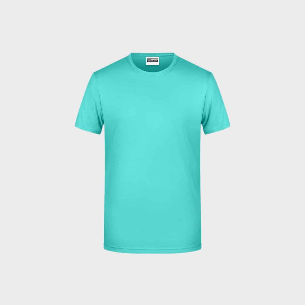 Auf hellgrauem Untergrund ist ein schlichtes, kurzärmeliges Herren Basic-T aus Bio-Baumwolle in kräftigem Türkis abgebildet. Dieses umweltfreundliche T-Shirt hat einen runden Halsausschnitt und ein schlichtes, schnörkelloses Design.