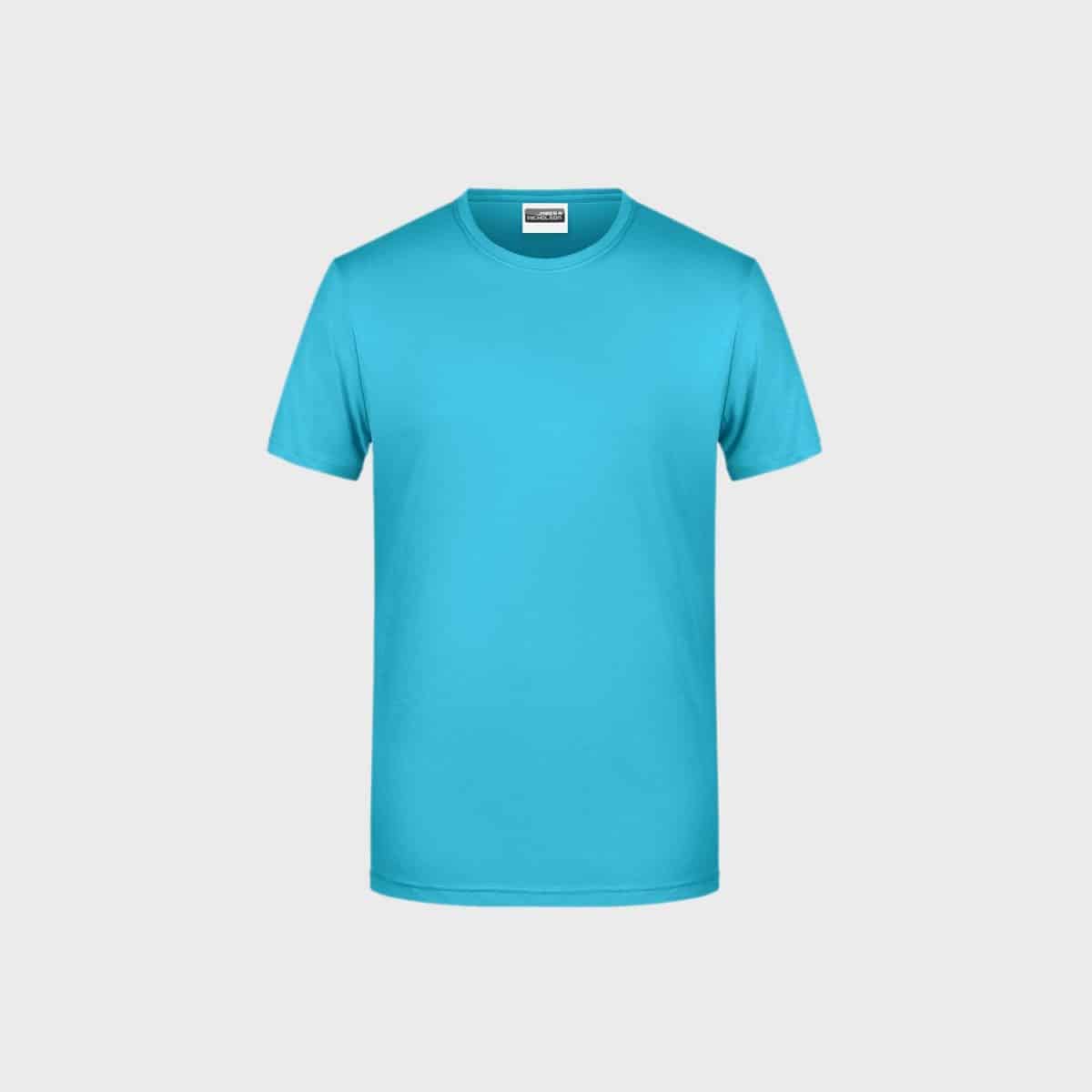 Auf hellgrauem Untergrund ist ein schlichtes, leuchtend türkises Herren Basic-T aus Bio-Baumwolle mit kurzen Ärmeln abgebildet. Das T-Shirt aus Bio-Baumwolle hat einen Rundhalsausschnitt und ein Etikett an der Innenseite des Kragens.