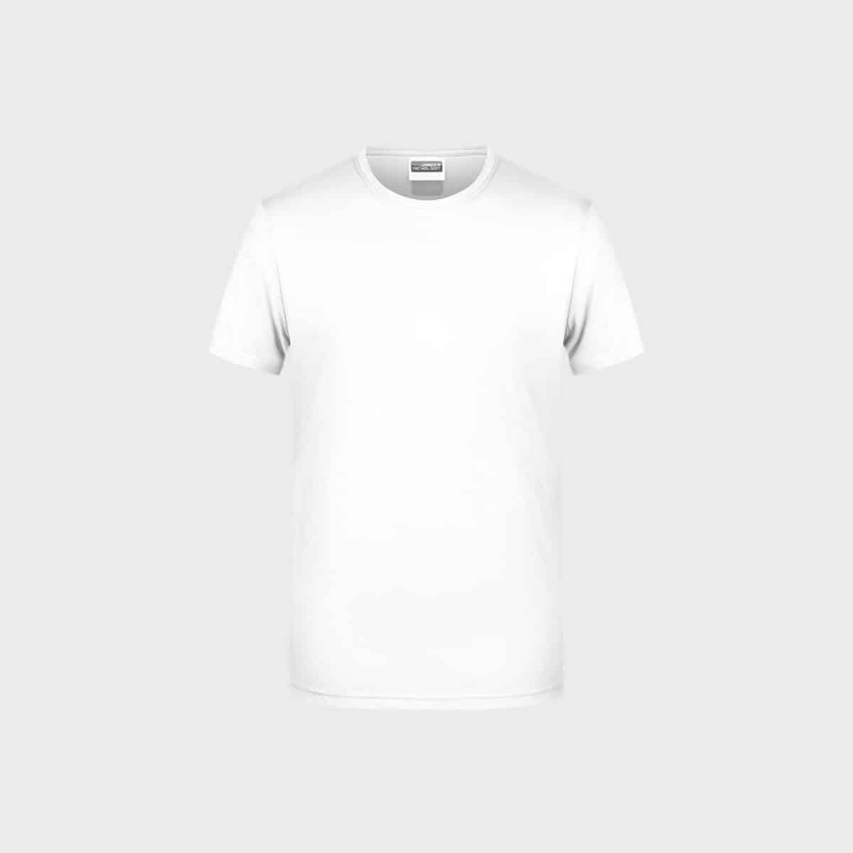 A simple white men's basic T-shirt made from organic cotton is presented against a light gray background. The organic cotton shirt has a round neckline and a minimalist design with no visible logos or patterns.