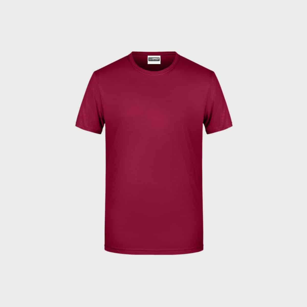 A simple chestnut brown men's basic T-shirt made from organic cotton is shown on a light gray background. The T-shirt is made from soft organic cotton and has a round neckline and short sleeves.