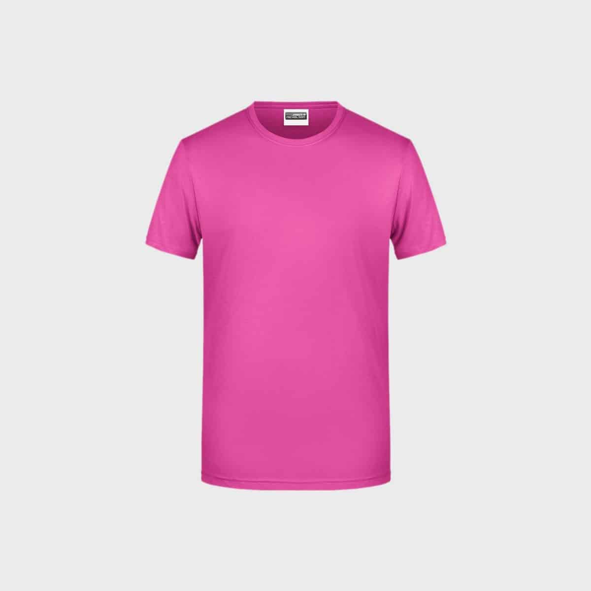 Auf hellgrauem Hintergrund ist ein schlichtes, leuchtend rosa Herren Basic-T aus Bio-Baumwolle abgebildet. Das Shirt hat einen Rundhalsausschnitt und ein schlichtes Design ohne sichtbare Muster oder Logos.
