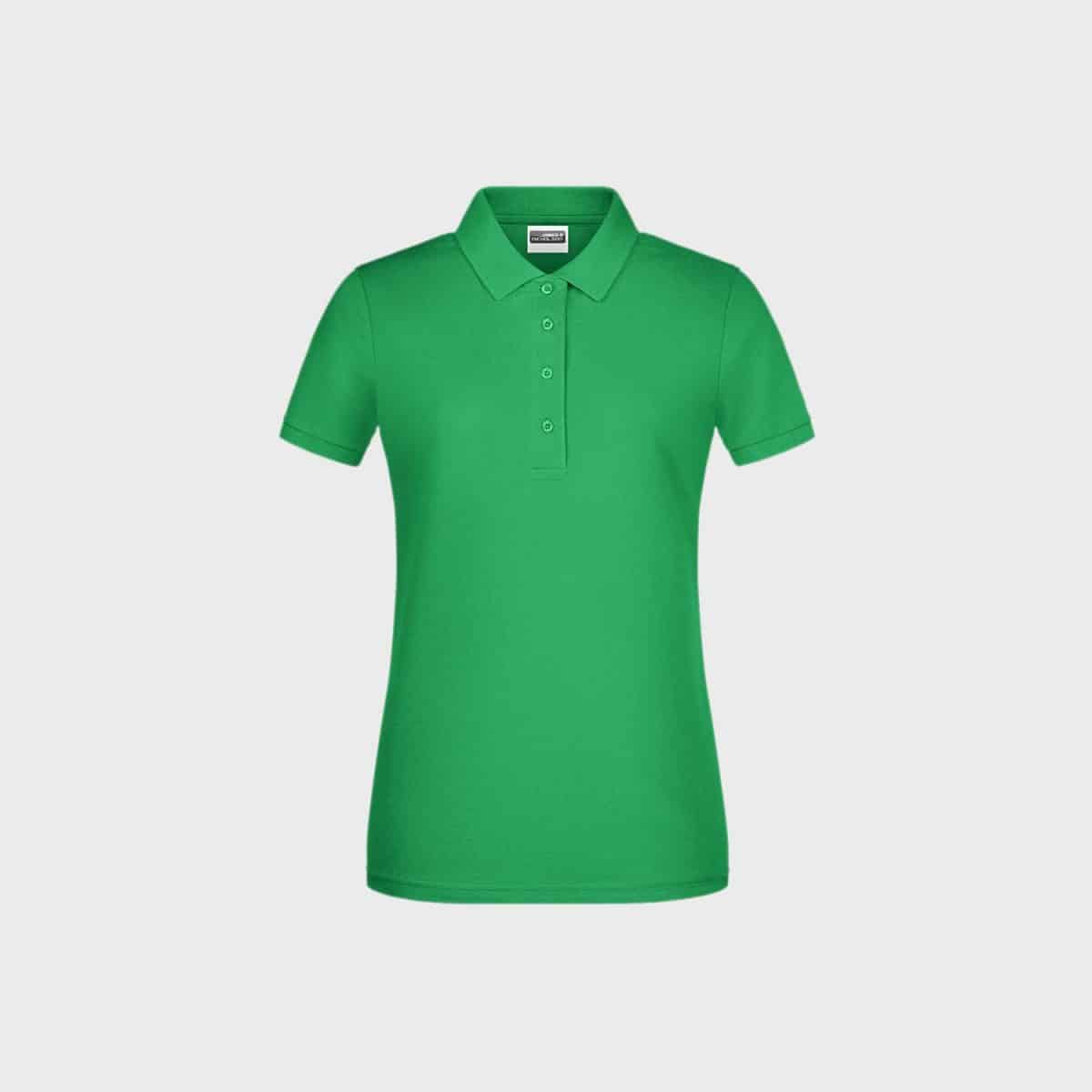 A green, short-sleeved basic polo shirt for women, made of organic cotton with a collar and button placket on the front, is designed for women. It is pictured against a plain white background and features a fitted cut.