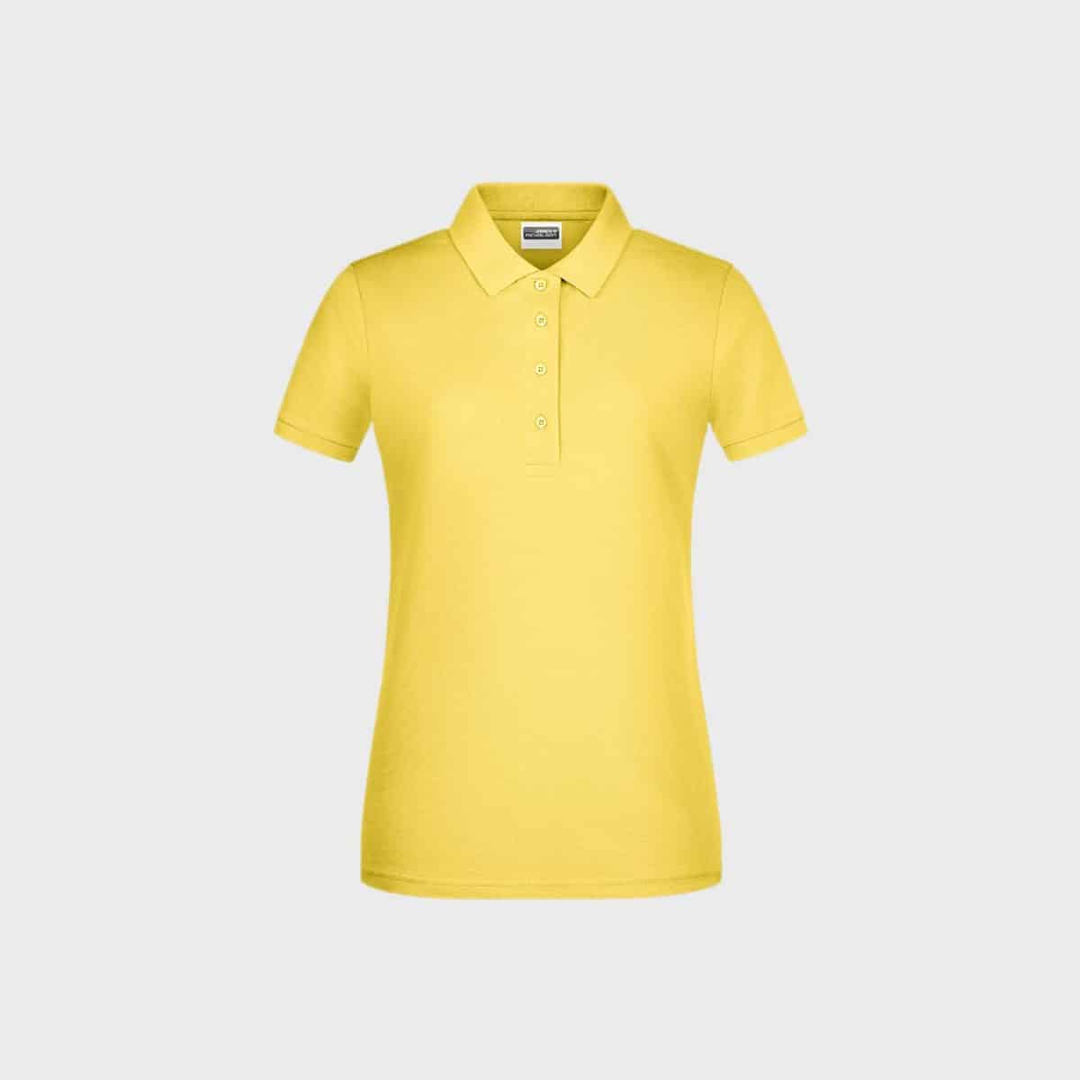 A simple yellow women's basic polo shirt made of organic cotton, with short sleeves and a collar on the front. The background is light gray, so the shirt sits perfectly in the center of the image.
