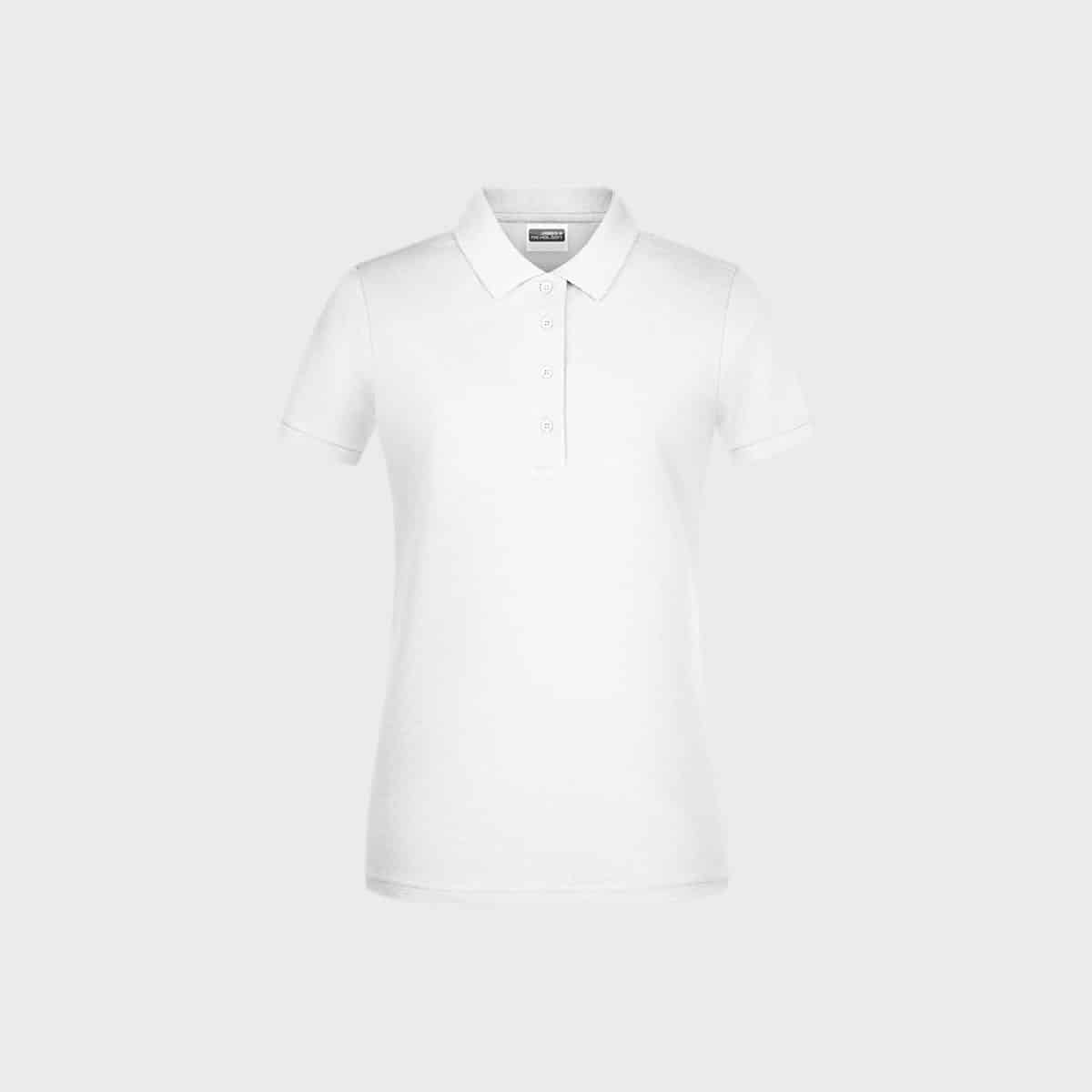 A simple white short-sleeve polo shirt with a collar and button placket on a light gray background. This women's basic polo shirt made of organic cotton features a simple and classic design.