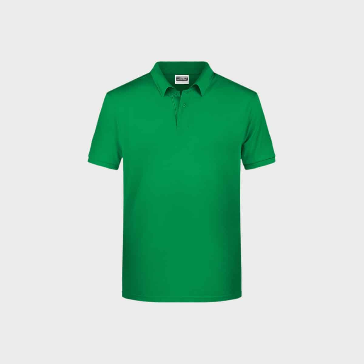 A simple, green men's basic polo shirt made of organic cotton is pictured against a white background. The shirt has short sleeves, a collar, and a button placket. It is made of organic cotton and features a classic, simple design that is perfect for casual wear.