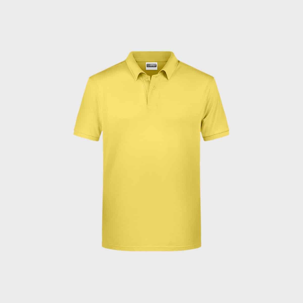 A simple yellow men's basic polo shirt made of organic cotton is pictured against a light gray background. The shirt has a classic collar and a three-button placket, short sleeves, and no visible logos or designs.