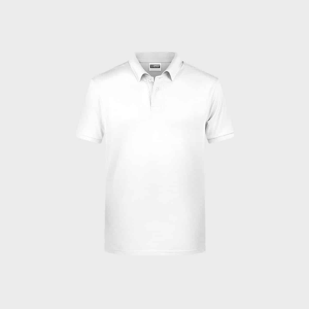 A simple white men's basic polo shirt made of organic cotton is centered against a light gray background. The shirt, with a classic collar and three buttons down the front, has short sleeves and a simple design that gives it a clean and casual look.