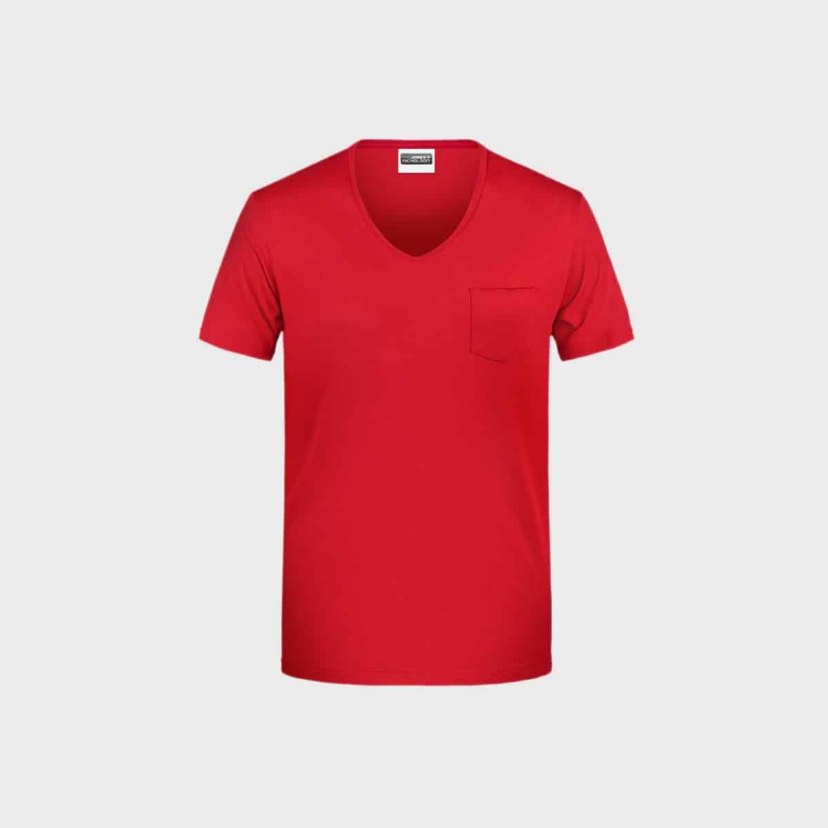 A simple red men's V-neck T-shirt made from organic cotton with a small pocket on the left chest, shown on a white background. The T-shirt has short sleeves and a simple, casual design.