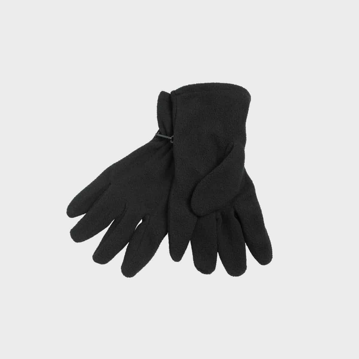 A pair of microfleece gloves in black is shown against a plain white background. One glove lies flat while the other overlaps slightly, highlighting the soft texture and full-finger design.