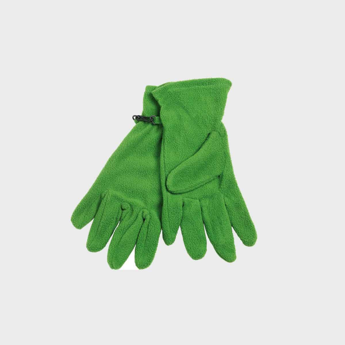 Ein Paar Mikrofleece-Handschuhe in leuchtendem Grün, ordentlich übereinander gestapelt. Diese Handschuhe haben eine weiche, plüschige Textur und sind perfekt, um bei kaltem Wetter warm zu bleiben. Ihr Design zeichnet sich durch einzelne Finger und eine praktische Schlaufe zum Zusammenhalten aus.
