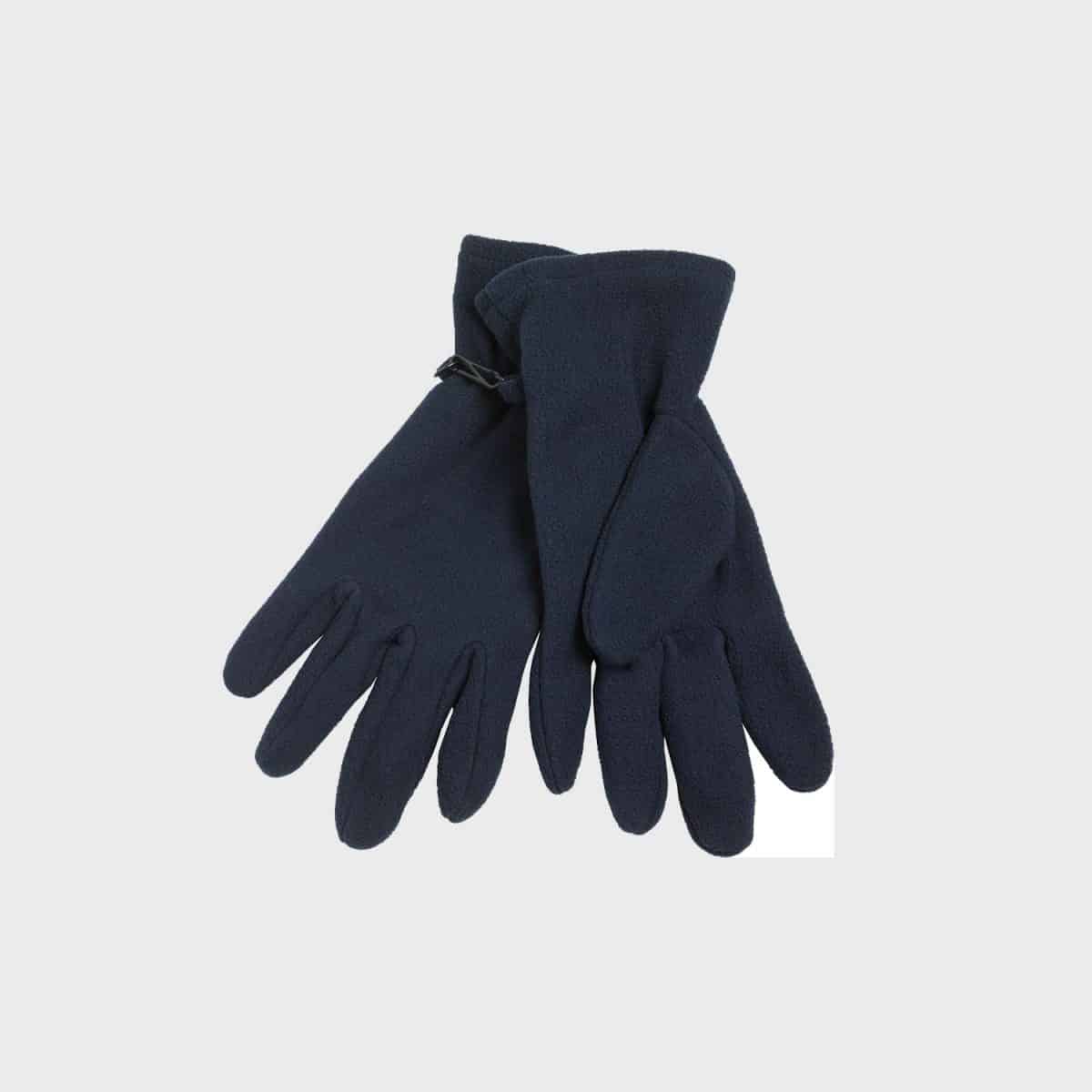 Bei den Microfleece-Handschuhen handelt es sich um ein Paar dunkelblaue Handschuhe aus Microfleece-Material mit jeweils vier Fingern und einem Daumen. Sie zeichnen sich durch ein einfaches, kuscheliges Design aus, das ideal für kaltes Wetter zu sein scheint. Die Handschuhe sind vor einem schlichten, hellen Hintergrund fotografiert.