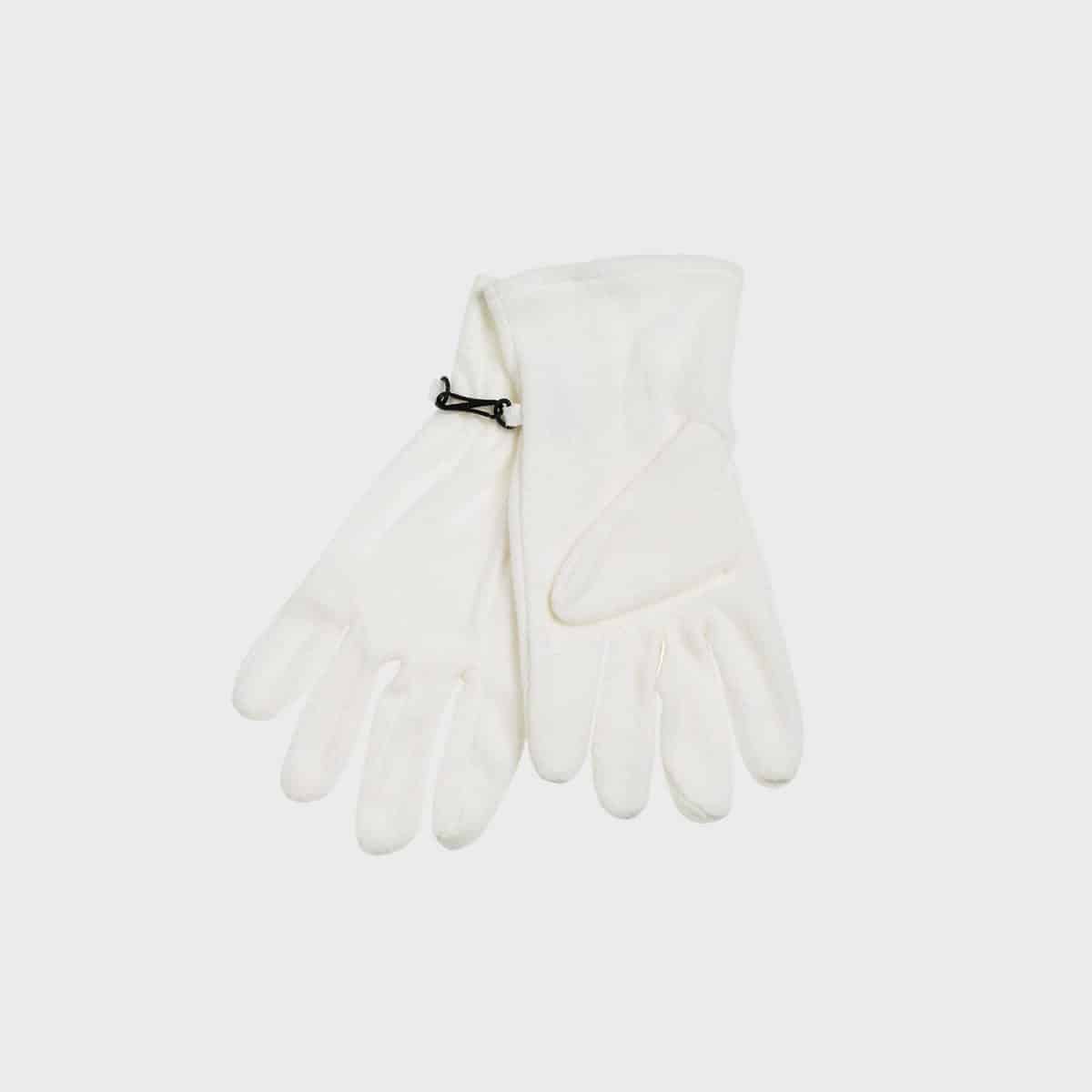 Ein Paar Mikrofleece-Handschuhe liegt flach auf einem weißen Hintergrund und ist mit einem kleinen schwarzen Clip zusammengehalten.