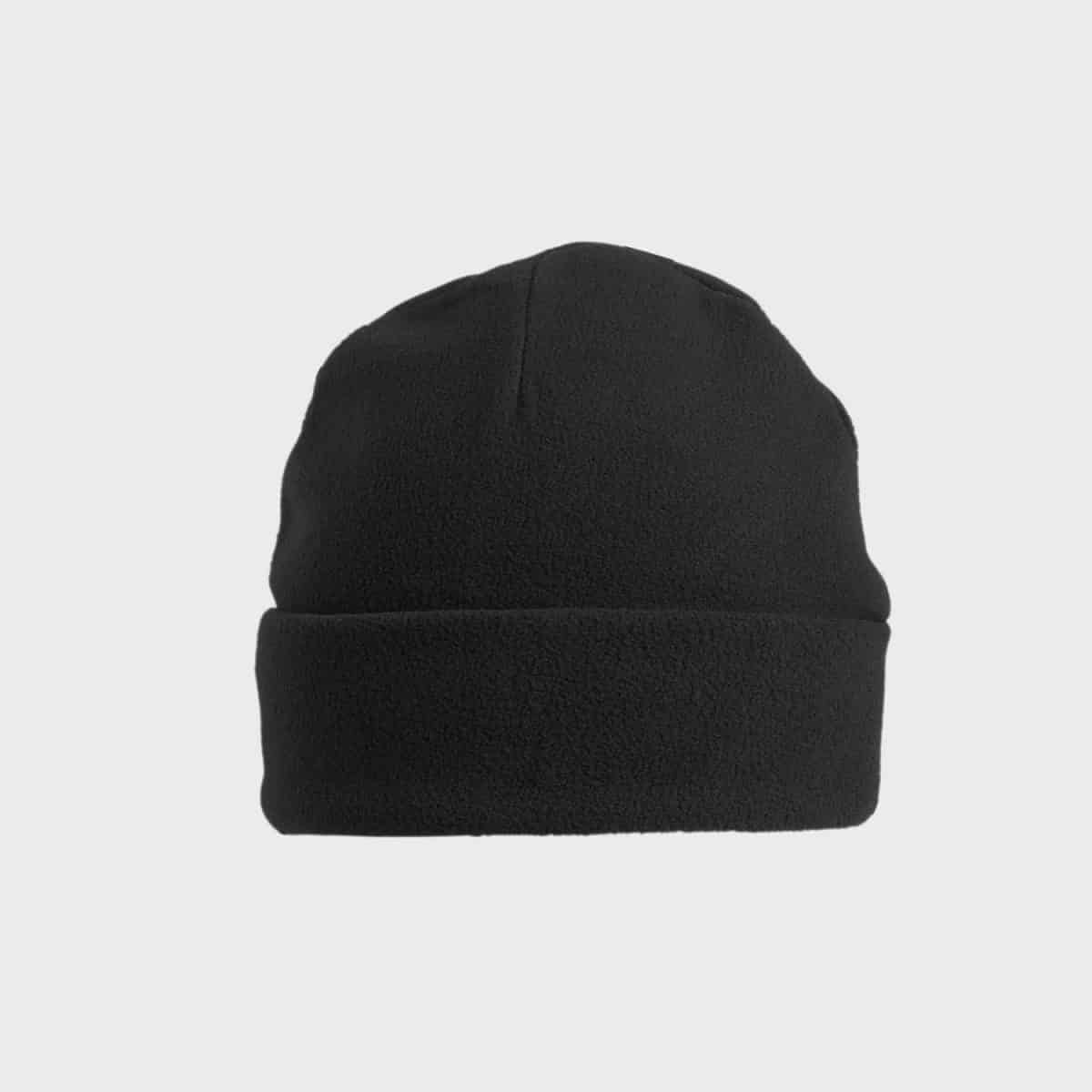 A black MYRTLE BEACH microfleece Beanie with a rolled-up brim is depicted on a plain white background. The beanie, which is reminiscent of the Myrtle Beach style, appears to be made from soft microfleece material.
