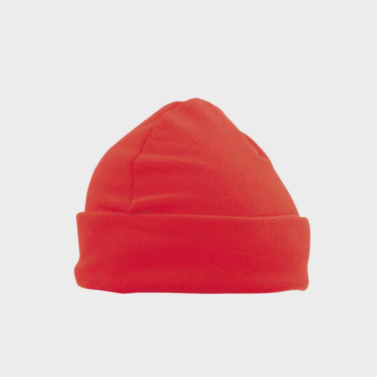 Eine leuchtend rote MYRTLE BEACH Microfleece-Mütze mit umgeschlagenem Umschlag, präsentiert vor einem schlichten weißen Hintergrund.