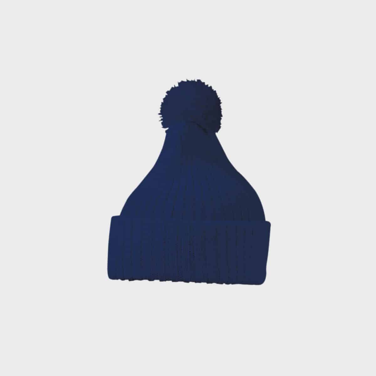 Eine Strickmütze mit Bommel von MYRTLE BEACH in Dunkelblau mit einem großen Bommel auf der Oberseite, gerippter Struktur und gefalteter Krempe vor einem schlichten weißen Hintergrund.