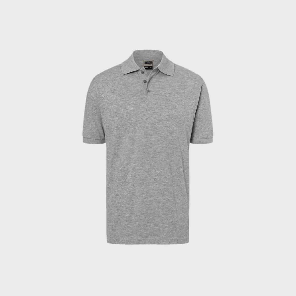 A classic gray short-sleeved polo shirt for men with a collar and three buttons on a white background. The shirt is simple and casual and designed for everyday wear.
