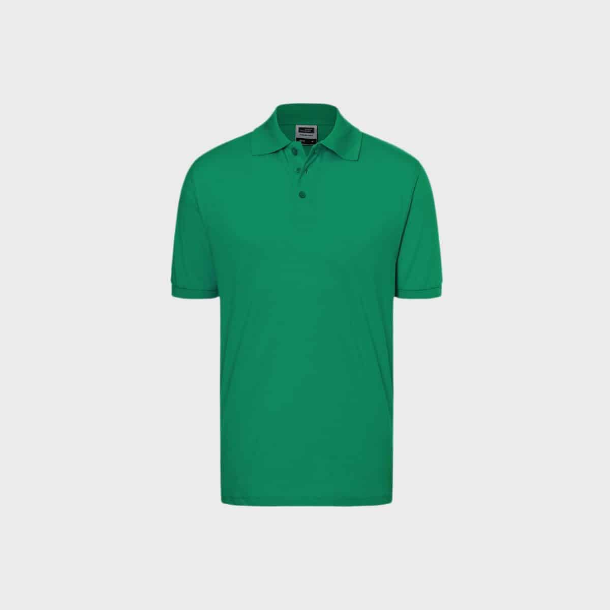 A simple green classic polo shirt for men with short sleeves, a button placket with three buttons and a collar on a plain white background.