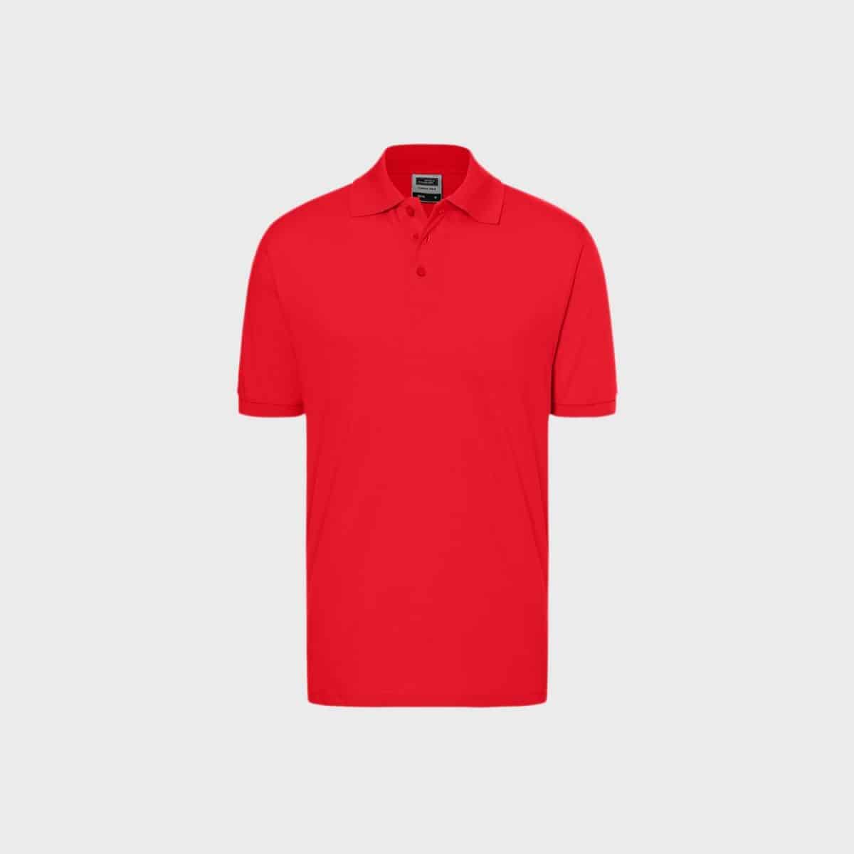 The Classic Polo Shirt for men is a timeless red piece with short sleeves, a collar and three buttons on the front. It stands out well against a light gray background and exudes classic style.