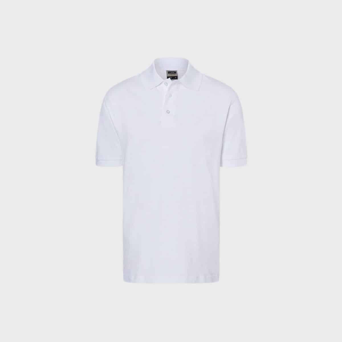 Image of the Classic Polo Shirt for men, a short-sleeved polo shirt with a collar and three buttons. The plain white shirt is shown on a light gray background.