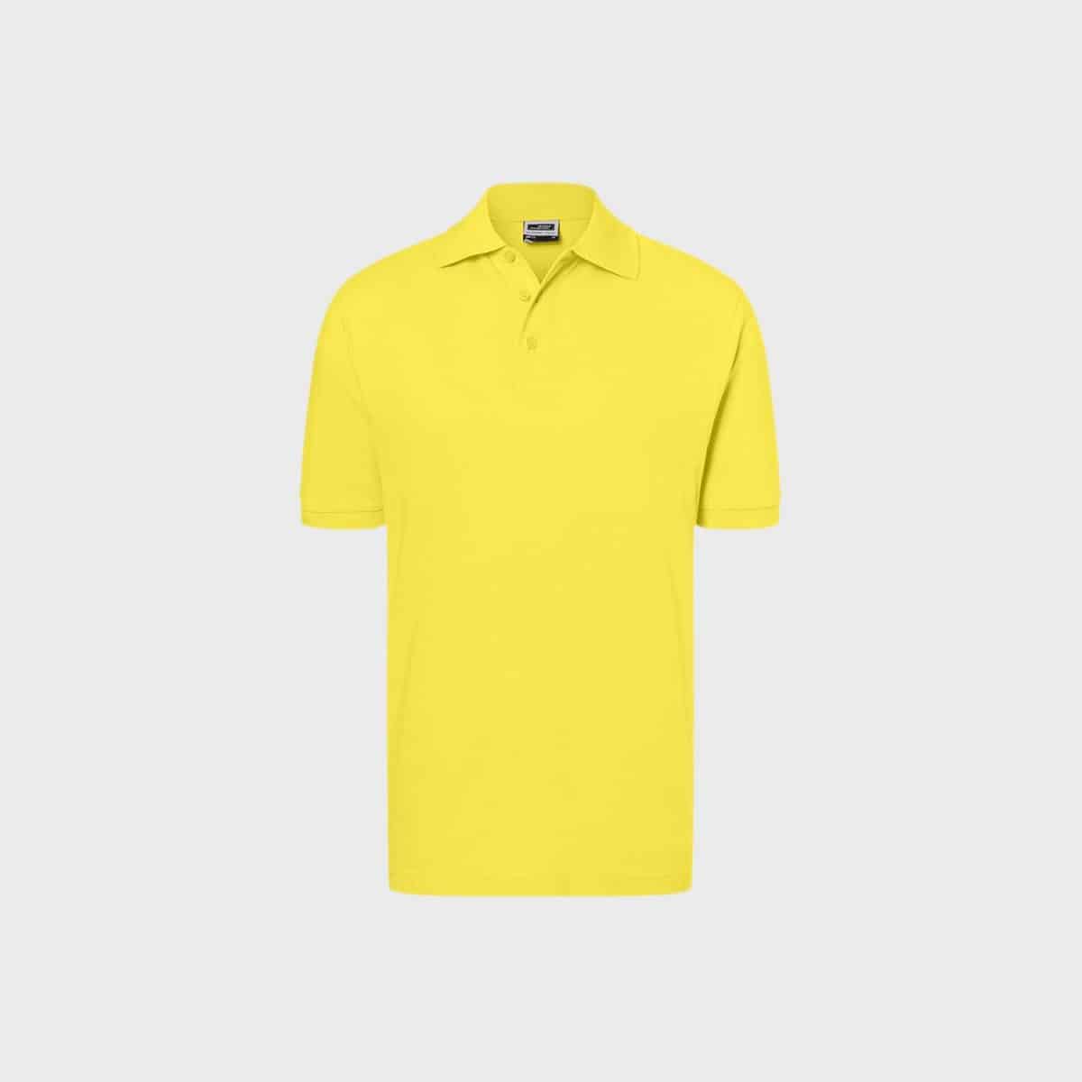 A classic polo shirt for men in yellow with a classic collar and three-button placket is depicted on a light gray background.