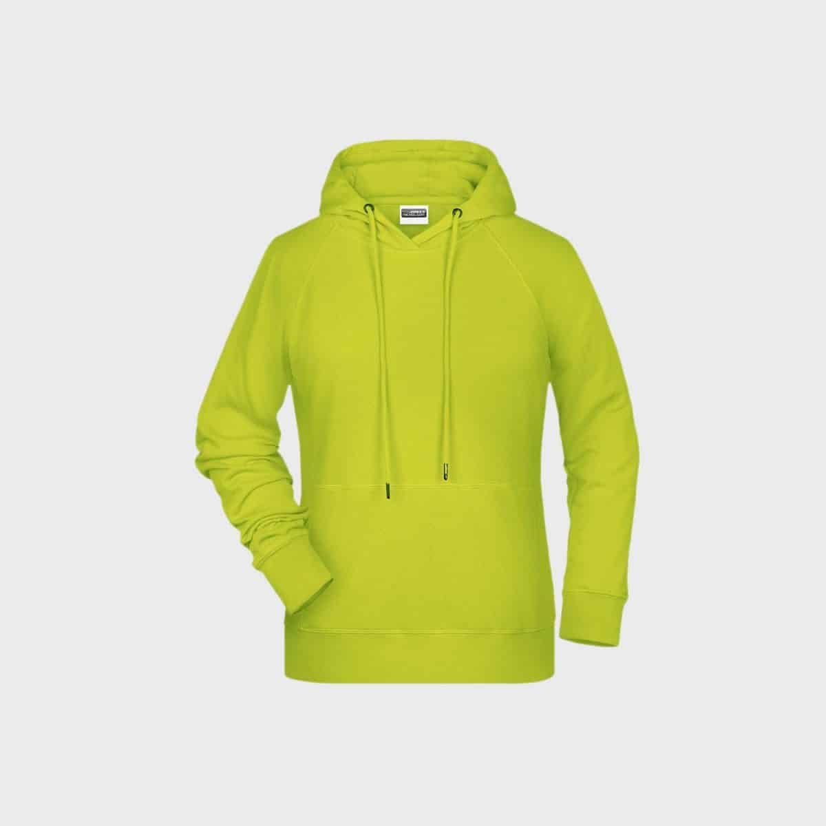 Ein leuchtend gelbgrüner Damen-Hoodie aus Bio-Baumwolle mit langen Ärmeln und einer Kängurutasche vorne. Dieser Hoodie aus Bio-Baumwolle verfügt über einen verstellbaren Kordelzug für die Kapuze und ist auf einem schlichten weißen Hintergrund zu sehen.