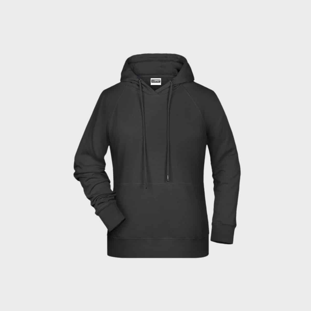 A simple, black women's hoodie made from organic cotton with long sleeves and a front pocket, shown on a white background.