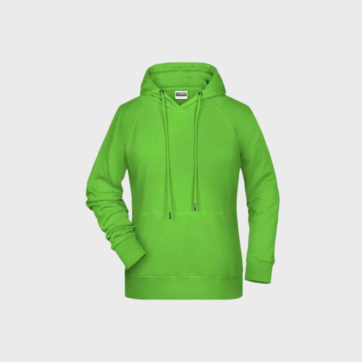 A light green women's hoodie made from organic cotton with a drawstring hood, long sleeves and a kangaroo pocket at the front. This loose-fitting design on a plain white background also features ribbed cuffs for added comfort.