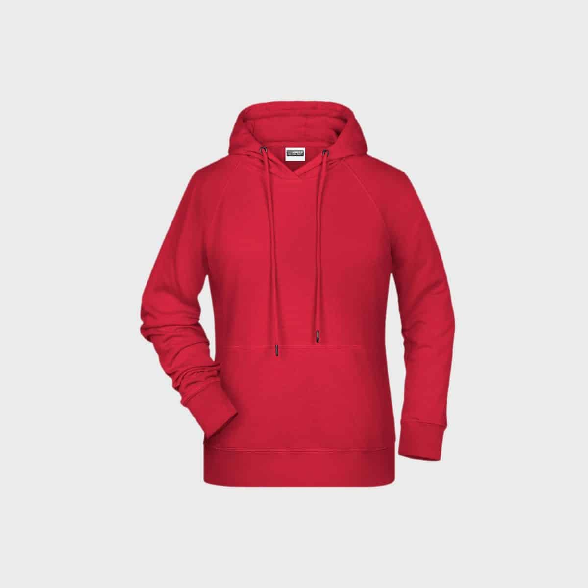 Der Damen-Hoodie aus Bio-Baumwolle in leuchtendem Rot hat eine Vordertasche, eine Kapuze mit Kordelzug, lange Ärmel und eine bequeme, entspannte Passform. Er ist aus weicher Bio-Baumwolle gefertigt und auf einem schlichten weißen Hintergrund abgebildet.