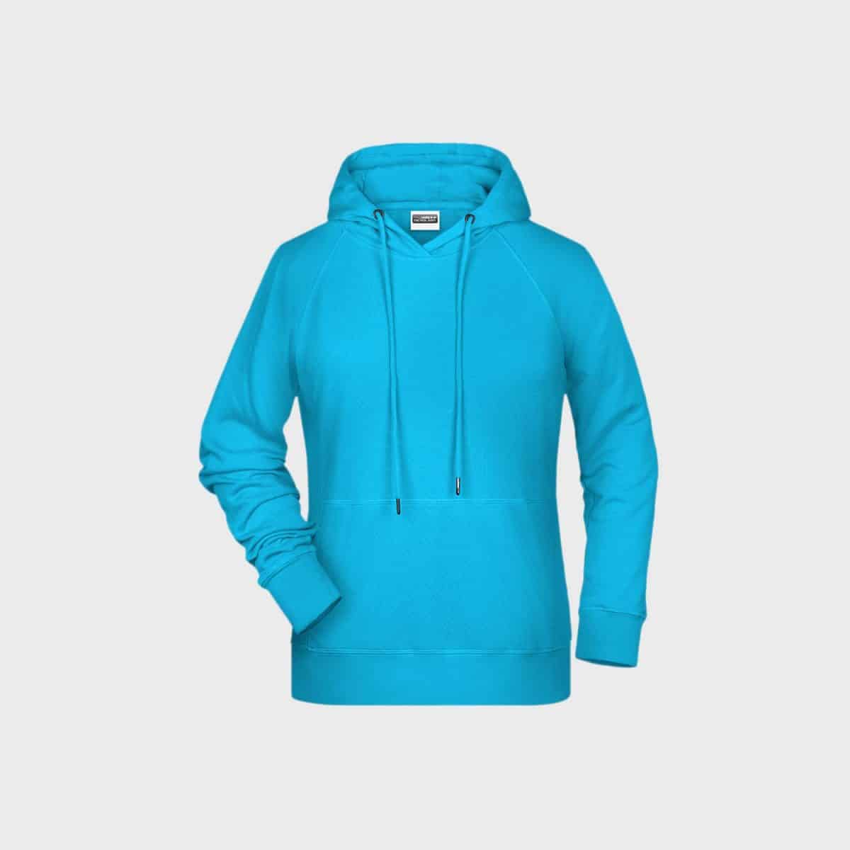 Damen-Hoodie aus Bio-Baumwolle in einem leuchtenden Blauton, hergestellt aus weicher Bio-Baumwolle, mit langen Ärmeln, einer Beuteltasche auf der Vorderseite und einer Kapuze mit Kordelzug. Abgebildet auf einem schlichten weißen Hintergrund.