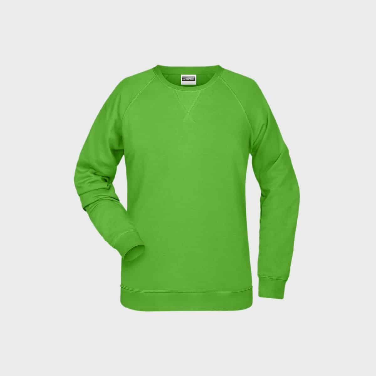 Ein hellgrünes, langärmliges Damen-Sweatshirt aus Bio-Baumwolle mit Rundhalsausschnitt. Dieses Sweatshirt hat Raglanärmel und ein einfaches, einfarbiges Design auf einem schlichten weißen Hintergrund.