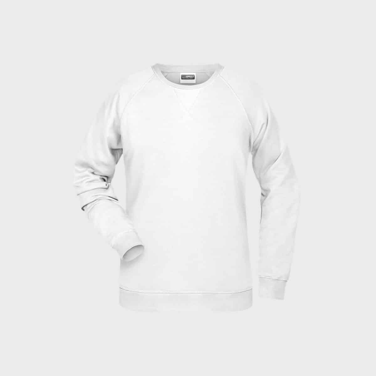 Ein schlichtes weißes „Ladies' Sweat aus Bio-Baumwolle“ auf hellgrauem Hintergrund. Das Langarmmodell aus Bio-Baumwolle verfügt über einen Rundhalsausschnitt, Raglanärmel sowie gerippte Bündchen und Saum.