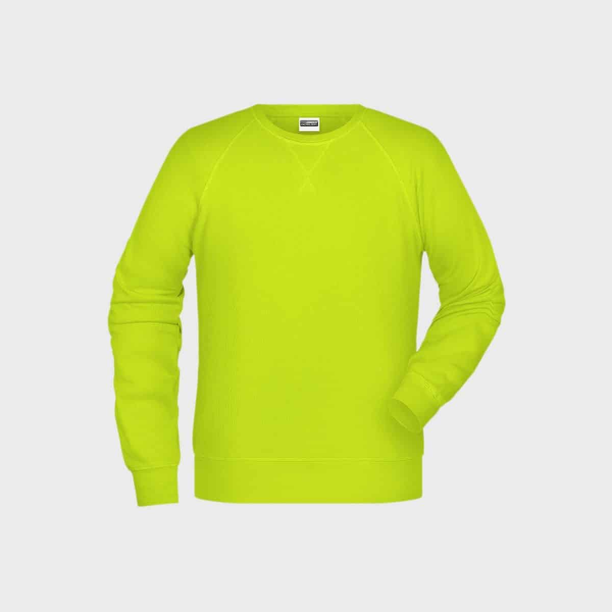 Das Men´s Sweat aus Bio-Baumwolle ist ein leuchtend neongelb-grünes Langarm-Sweatshirt für Herren mit Rundhalsausschnitt, Raglanärmeln und gerippten Bündchen und Saum. Dieses Stück aus Bio-Baumwolle besticht durch ein schlichtes Design mit minimalen Nähten auf einem schlichten weißen Hintergrund.