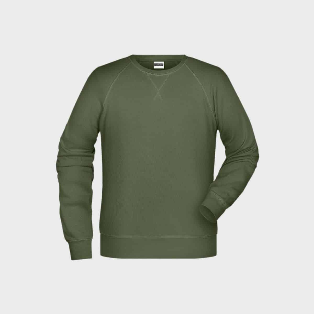 Das Bild zeigt den Herrenpullover aus Bio-Baumwolle, ein schlichtes grünes Langarm-Sweatshirt aus Bio-Baumwolle, das auf weißem Hintergrund abgebildet ist. Dieser Herrenpullover hat gerippte Bündchen und Saum, einen Rundhalsausschnitt und ein lässiges Design. Der Stoff sieht weich und bequem aus und eignet sich daher perfekt für den Alltag.