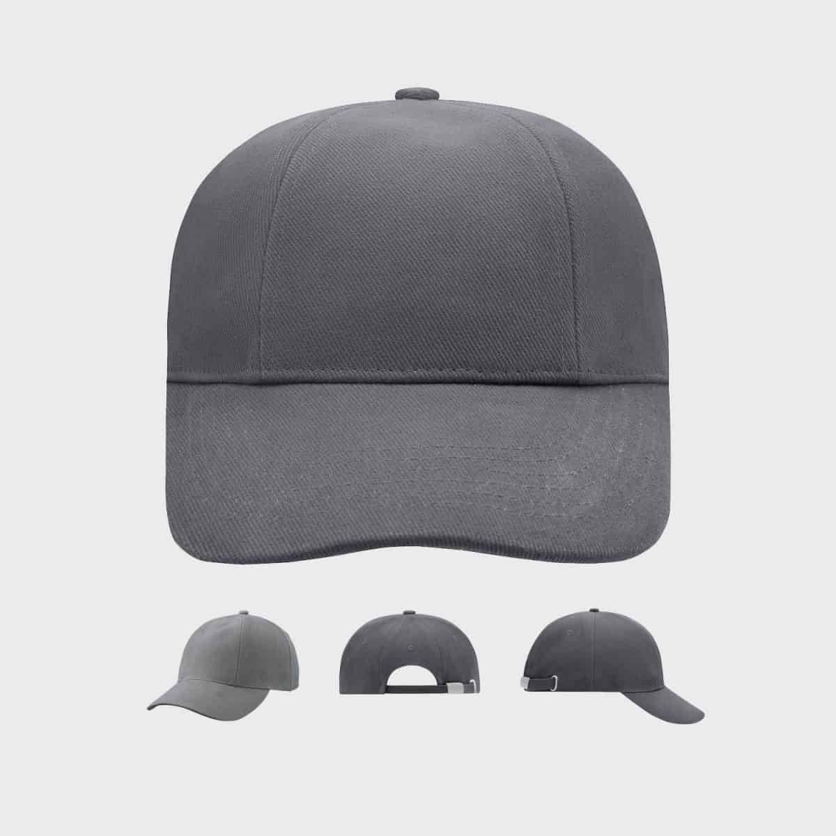 A gray baseball cap is shown from several angles on a light gray background. The front view shows a simple design, while the back view shows an adjustable strap with a metal buckle. The side views offer additional perspectives on the shape and design of the cap.