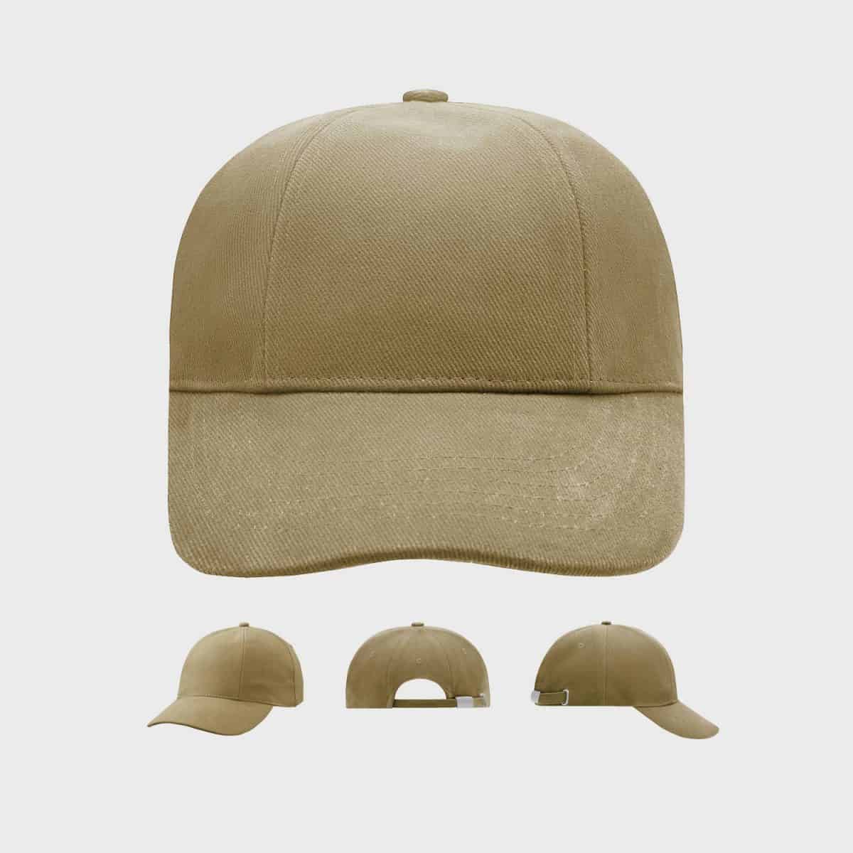 A khaki baseball cap is shown from four different angles. The main view focuses on the front of the cap, while the bottom row shows the side, back, and another side view of the cap. The back view shows an adjustable strap.