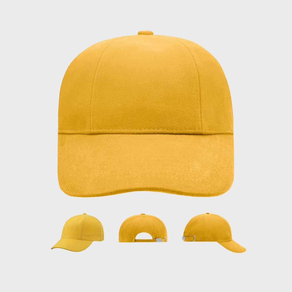 Image showing a yellow baseball cap from four angles: front view (top of image), side view (bottom left), rear view with adjustable strap (bottom center), and another side view (bottom right). The cap is plain with no logos or designs.