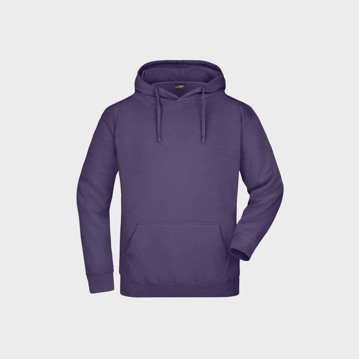 Auf einem schlichten weißen Hintergrund ist ein schlichtes lilafarbenes Kapuzensweatshirt mit einer Beuteltasche auf der Vorderseite und Kordelzug abgebildet.