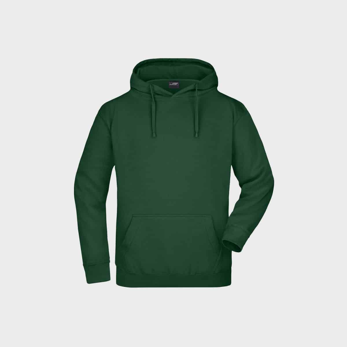 Ein schlichter, waldgrüner Hoodie auf hellgrauem Hintergrund. Der Hoodie hat eine Kängurutasche vorne, lange Ärmel und einen verstellbaren Kordelzug an der Kapuze.
